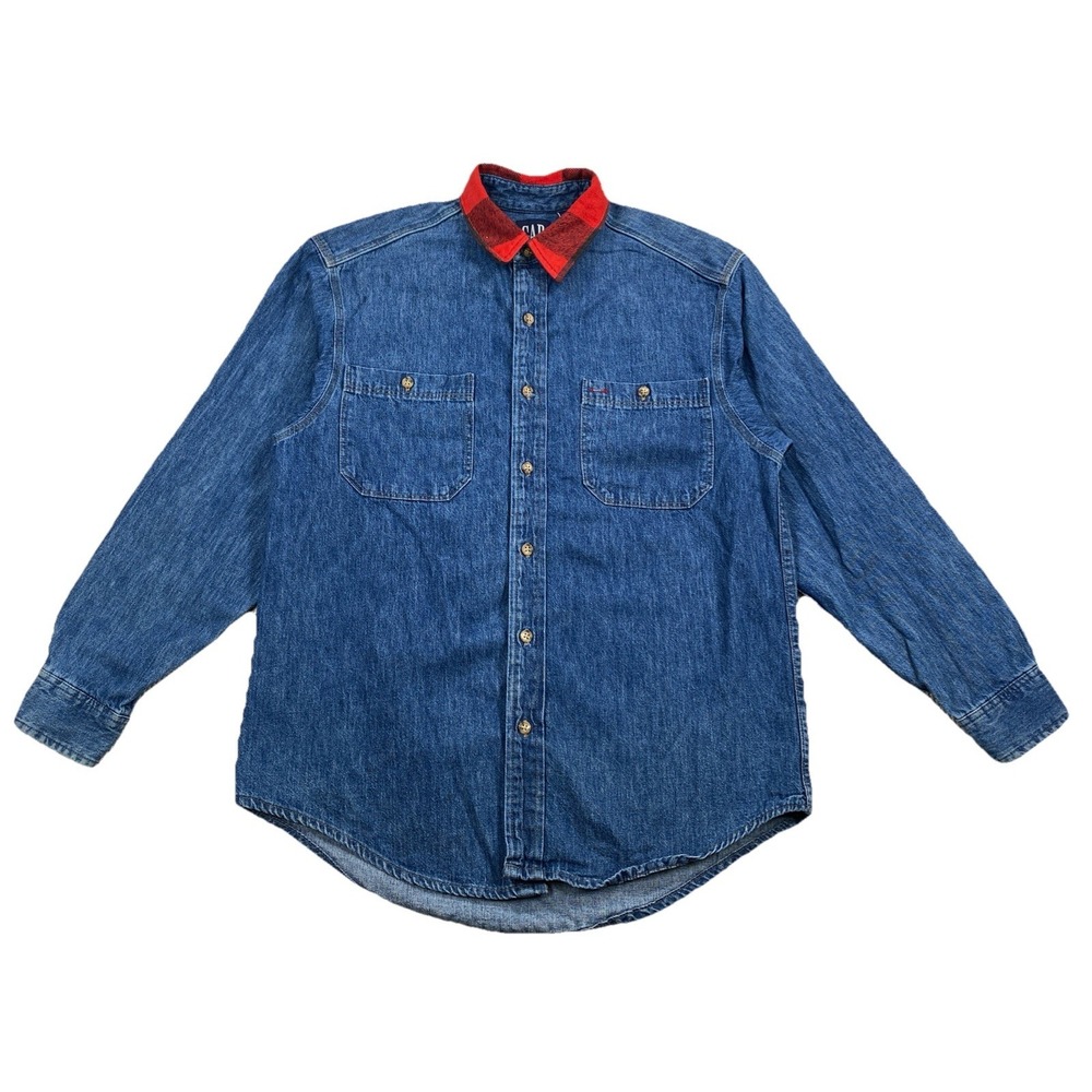 Vintage Gap Denim Button Up Shirt Plaid Collar USA Cotton Men's Medium Oversized
